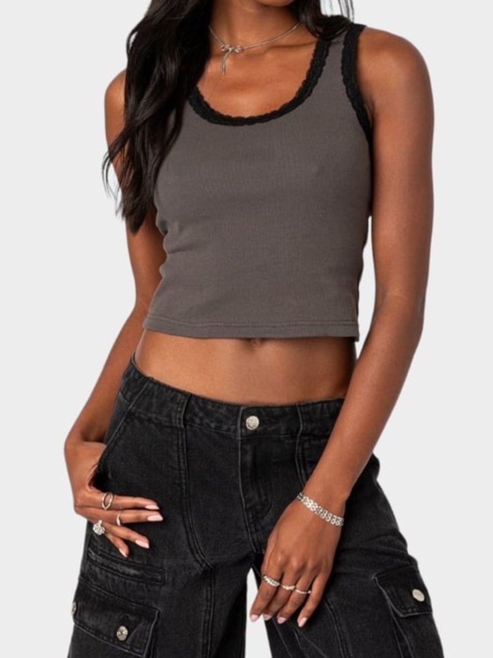 Edikted Alix Lacey Ribbed Gray Scoop Crop Black Lace Trim Tank Top